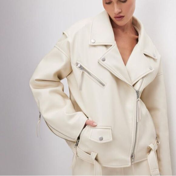Good American Jackets & Blazers - Good American Faux Leather Vegan Oversized Cream Leather Jacket in Cloud
